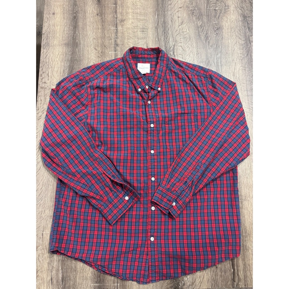 American Eagle Mens XXL Red Navy Blue Plaid Button Down Shirt Long Sleeve Cotton